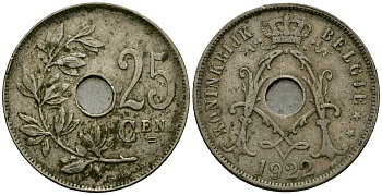 Бельгия 25 сантимов 1922 Belgie KM 69 медно-никель 4165-831