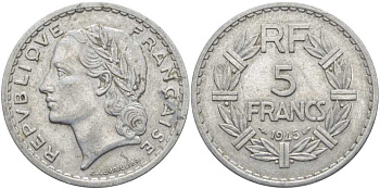 ФРАНЦИЯ 5 ФРАНКОВ 1945 9 ОТКРЫТАЯ KM 888b.1, LE FRANC 339.3 алюминий 111-1123