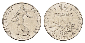 Франция 1/2 франка 1986 сеятель KM 931.1 никель 192-944