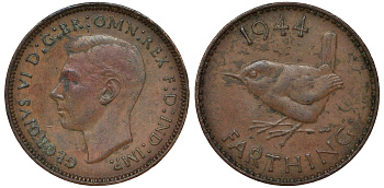 Великобритания 1 фартинг 1944 Георг VI (1936-1952) KM 843, Spink 4116 бронза 4128-913