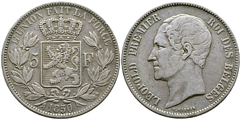 Бельгия 5 франков 1850 Леопольд I (1831-1865) KM 17 серебро 74-1135