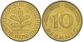 ФРГ 10 ПФЕННИГОВ 1979 G KM 108, J. 383 сталь плакированная латунью 219-527