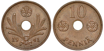 Финляндия 10 пенни 1941 KM 33.1 медь 51-3433