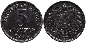 Германия 5 пфеннигов 1915 G KM 19, Jager 297, Weege 5 железо 4547-555