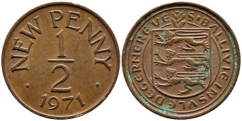 Гернси 1/2 пенни 1971 Елизавета II (1952-2022), герб KM 20 бронза 58-159