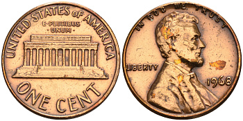 США 1 цент 1968 Линкольн KM 201 медь цинк    4115-319