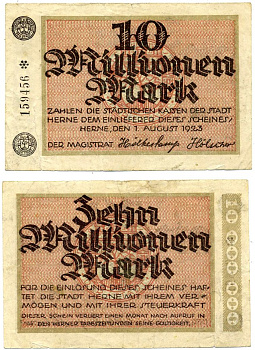 ХЕРНЕ 10000000 марок (10 миллионов) 1923 1 августа 1923, нотгельд, земля Северный Рейн-Вестфалия, серия *, серия ЧЁРНАЯ Keller 2339b бумага 2193-28-3-1
