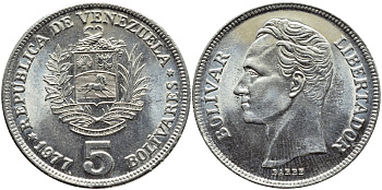Венесуэла 5 боливаров 1977 Симон Боливар KM 53 никель 221-112