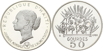 Гаити 50 гурдов 1981 50 лет FAO, голова женщины KM 149 серебро PROOF 1066-1-24