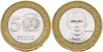 Доминиканская республика 5 песо 1997 50 лет центральному банку KM 88 биметалл 4541-1112