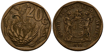 ЮАР 20 центов 1995 герб, цветок протея KM 136 сталь плакированная латунью 4173-736