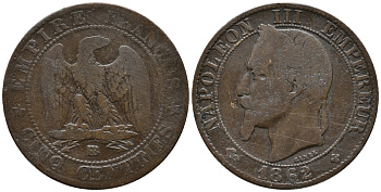 ФРАНЦИЯ 5 САНТИМОВ 1862 ВВ, НАПОЛЕОН III (1852-1870) KM 797.2, LE FRANC 117.6 бронза 67-117