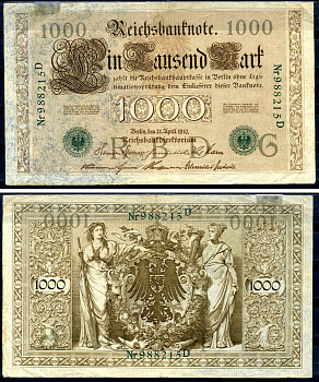 Германия 1000 марок 1910 21 апреля 1910, зеленая печать, номер шестизначный, серия D, буква G, выпуск АПРЕЛЬ - ИЮЛЬ 1918 Pick 45 a бумага 00-00