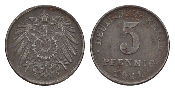 Германия 5 пфеннигов 1921 A KM 19, J. 297, Weege 5 железо плакированное цинком 4640-167