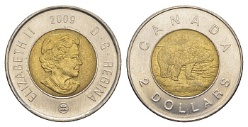 Канада 2 доллара 2009 Leaf, Елизавета II (1952-2022), полярный медведь KM 837 биметалл 4637-1036