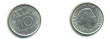 НИДЕРЛАНДЫ 10 ЦЕНТОВ 1962 ЮЛИАНА KM 182 никель 83-963