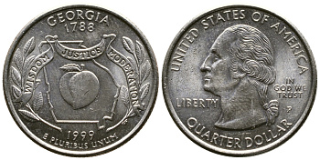 США 25 центов = квотер 1999 Р, серия штаты США, Джорджия KM 296 медь плакированная медно-никелем 56-311