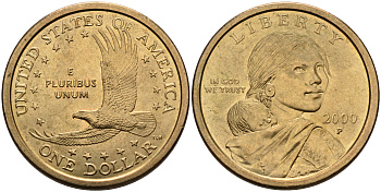 США 1 доллар 2000 Р, индианка Сакагавея KM 310 медь с марганцево-латунным покрытием UNC 4590-1043