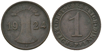 Германия 1 рейхспфенниг 1924 F KM 37, J. 313 бронза 4615-229