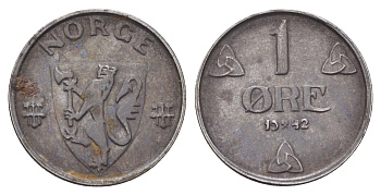 Норвегия 1 эре 1942 Хокон VII (1905-1957) KM 387 железо 4701-538