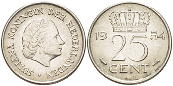 НИДЕРЛАНДЫ 25 ЦЕНТОВ 1954 ЮЛИАНА KM 183 никель 214-746