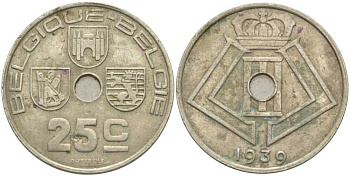 БЕЛЬГИЯ 25 САНТИМОВ 1939 BELGIQUE-BELGIE, ЛЕОПОЛЬД III (1934-1950) KM 114.1 никель латунь 119-355