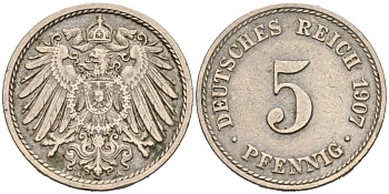 Германия 5 пфеннигов 1905 А KM 11, J. 12 медно-никель 46-756