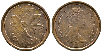 КАНАДА 1 ЦЕНТ 1988 КЛЕНОВЫЙ ЛИСТ, ЕЛИЗАВЕТА II KM 132 бронза 36-934
