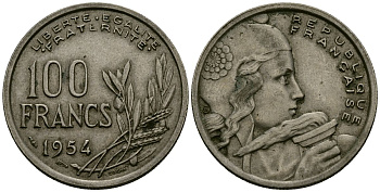 Франция 100 франков 1954 KM 919.1 медно-никель 4575-445