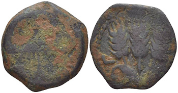 Иудея, династия Ирода прута 41/42 год Агриппа I, греческая легенда 'царь Агриппа', зонт / три хлебных колоса, дата (6-й год правления), Иерусалим Hendin 1244 медь 1073-21-45