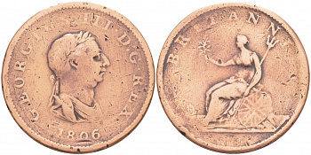 Великобритания 1/2 пенни 1806 Георг III (1760-1820) KM 662, Spink 3781 медь 4403-714