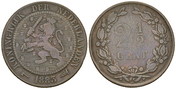 Нидерланды 2 1/2 цента 1883 Виллем III (1849-1890), тираж 400.000 экземпляров KM 108 бронза 4582-1126