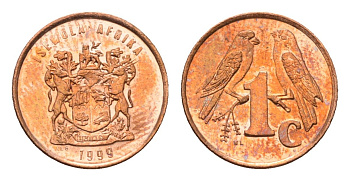 ЮАР 1 цент 1999 герб, капские воробьи KM 170 сталь плакированная медью UNC 4694-239