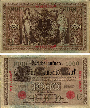 ГЕРМАНИЯ 1000 МАРОК 1910 21 АПРЕЛЯ 1910, СЕМИЗНАЧНЫЙ НОМЕР, СЕРИЯ В Pick 44b бумага 8610-5-1