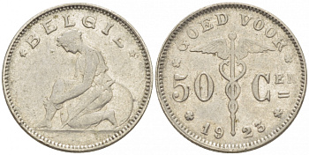 БЕЛЬГИЯ 50 САНТИМОВ 1923 BELGIE KM 88 никель 261-1658