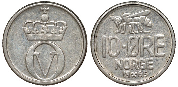 Норвегия 10 эре 1965 пчела KM 411 медно-никель 51-2852