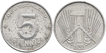 ГДР 5 пфеннигов 1952 A KM 6 алюминий 4564-1031