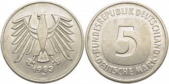 ФРГ 5 МАРОК 1983 D, KM 140.1, J. 415 медно-никель плакированный никелем 109-842