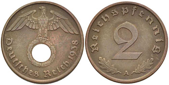 ГЕРМАНИЯ 2 РЕЙХСПФЕННИГА 1938 A KM 90, J. 362 бронза 261-926