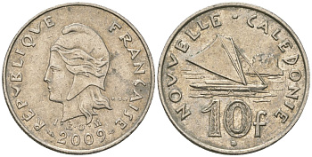 Французская Новая Каледония 10 франков 2009 рыбачья парусная лодка, (IEOM) KM 11a, Schoen 13a, Lec 99k медно-никель 61-953