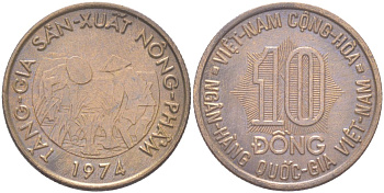 Южный Вьетнам 10 донгов 1974 KM 13 сталь плакированная латунью 4141-731