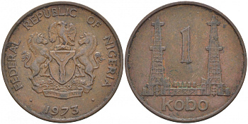 Нигерия 1 кобо 1973 нефтяные вышки KM 8.1 бронза 212-1132