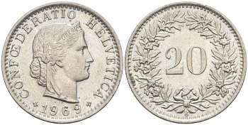Швейцария 20 раппенов 1969 В KM 29а медно-никель 55-917