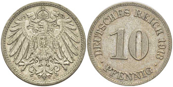 ГЕРМАНИЯ 10 ПФЕННИГОВ 1913 D KM 12, J. 13, Weege 8 медно-никель 212-242