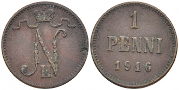 РОССИЯ ДЛЯ ФИНЛЯНДИИ 1 ПЕННИ 1916 НИКОЛАЙ II (1895-1917) KM 13, Биткин 476 медь 211-1065