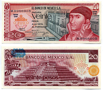 Мексика 20 песо 1977 8 июля 1977 Pick 64d(4) бумага UNC (пресс) 2196-20-2-2