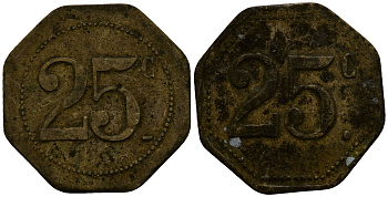 Франция 25 сантимов XIX-XX век ресторанный жетон латунь 4166-435