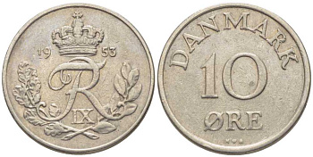 Дания 10 эре 1953 N; S, Фредерик IX (1947-1972) KM 841.1 медно-никель 201-1214