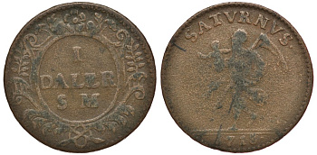 Швеция 1 далер 1718 S.M., Карл XII (1697-1718), чрезвычайный выпуск, Сатурн, отец времени KM 358 медь 3896-734