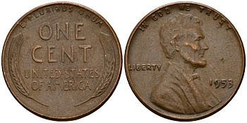 США 1 цент 1953 Авраам Линкольн KM A132 латунь 4121-842